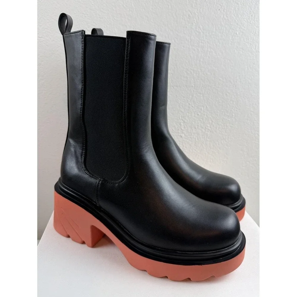 Vivianly Black Chelsea Boot Lug Sole Platform Chunky Heel Slip On Boot Sz 38/7.5